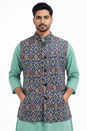 Bivabari Ikat Cotton Silk Nehru Jacket | Grey | S | Multi-Color Geometric Pattern | Ethnic Wear