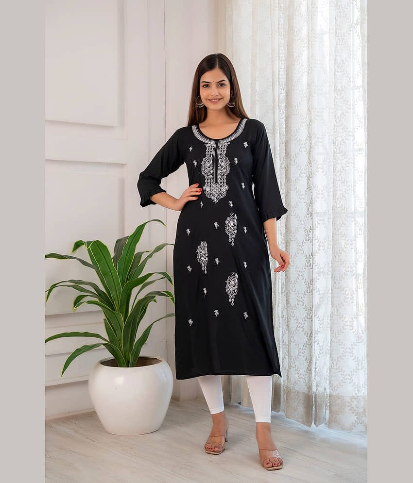 Kapadia Rayon Printed Straight Women's Kurti - Black ( Pack of 1 )
