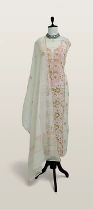 Chikankari Mul Chanderi Pink Mustard Floral Dress Material