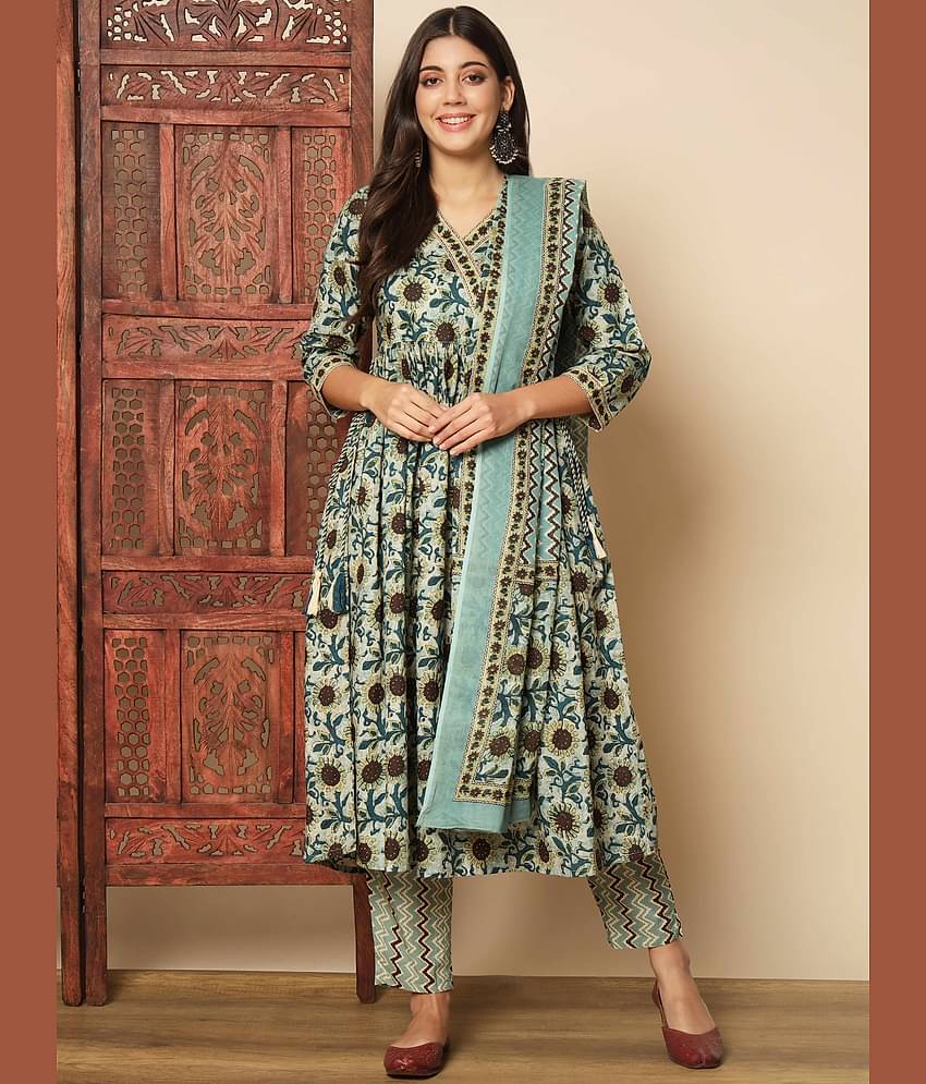 Vbuyz Cotton Printed Kurti With Pants Women's Stitched Salwar Suit - Teal ( Pack of 1 )