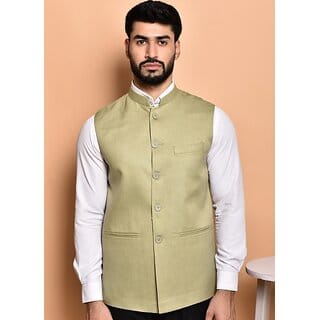 PrintCulture Men Solid Beige Cotton Blend Nehru Jacket
