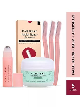 Carmesi Shaving Kit for Women | 1 Pre-Shave Balm + 3 Reusable Face Razors + 1 Aftershave Roll On
