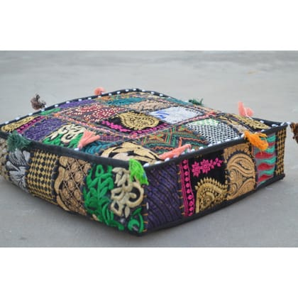 Khamma Ghani Vibrant Cotton Pouffe Cover Kantha Work-Set of 2 / 16X16X5 Inch
