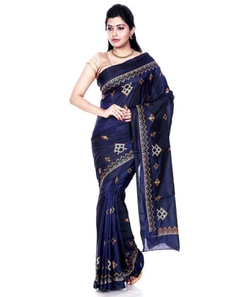 Navy Blue Ilkal Saree - Art Silk Saree with Kasuti Embroidery
