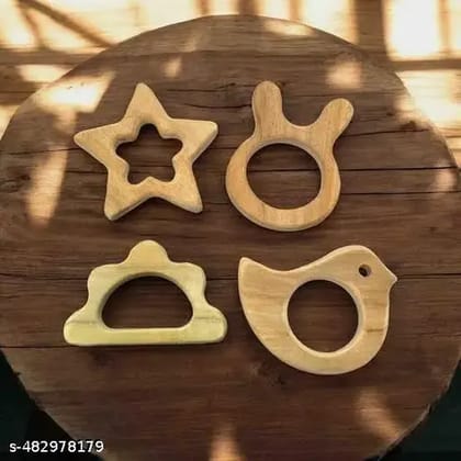 Neem Wood Teethers for Babies | Natural and Organic | Wooden Baby Teether | Helps in Teething | Set of 4 | for 3+ Months Babies (Star ,Cat,Bird and Cloud Shape)