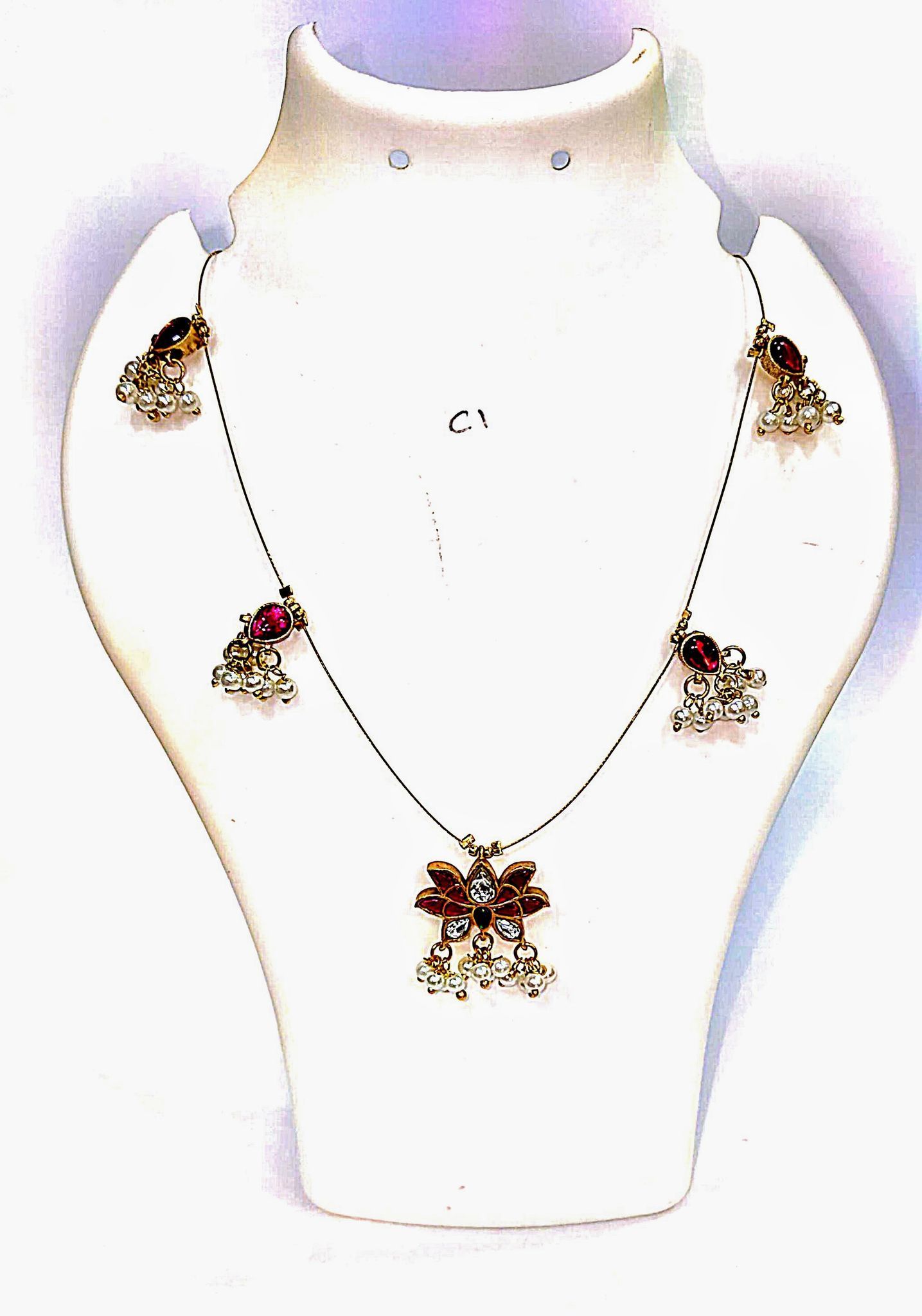 Delicate Gold Plated Pearl and Ruby Necklace with Butterfly Pendant