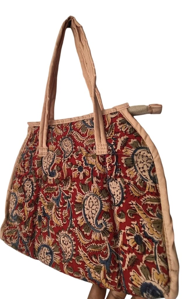 KALANKARI  Handcrafted Red and Blue Paisley Print Cotton Tote Bag with Zipper Closure and Double Handles