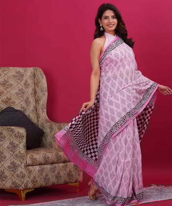 Pink black cotton hand block sanganeri printed saree