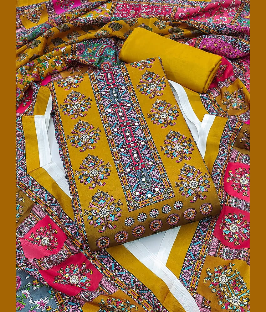 Nayanthara Trends Unstitched Silk Blend Printed Dress Material - Yellow ( Pack of 1 )