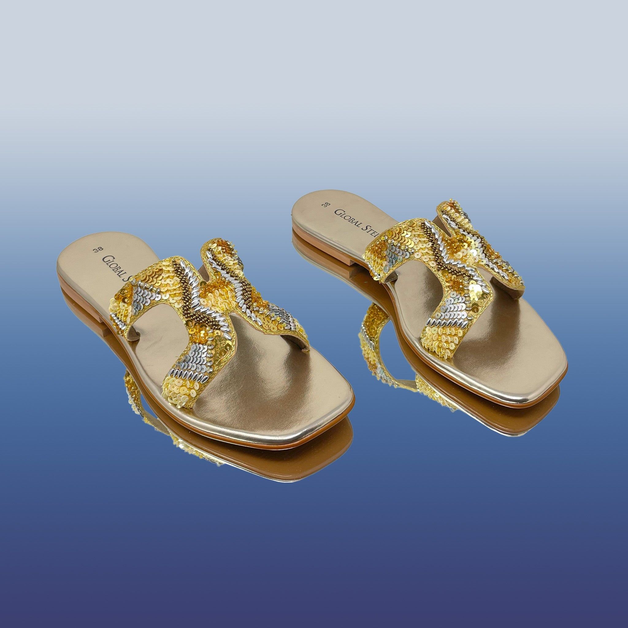 Gold embroidery square-toe flats-Gold / 36