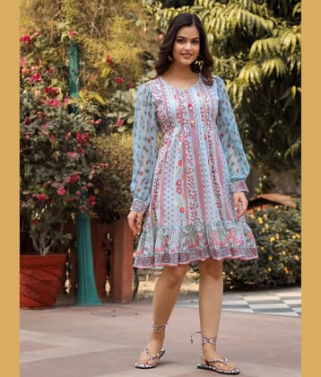 Juniper Women Cotton Printed A-line Dress ( Blue )