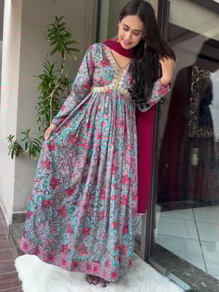 Torquoise and Pink Alia Cut Suit Set-S / Alia Cut / Viscose Silk