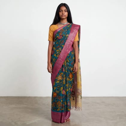Kalamkari Tussar Silk Saree Teal Blue Peacock Pallu Kalamkari Tussar Silk Saree Teal Blue Peacock Pallu