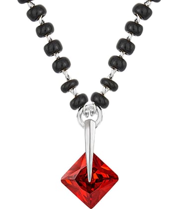 Fashionable Mangalsutra Silver Plated Cubic Zircon Red Square Solitaire Pendant and Black Beaded Chain
