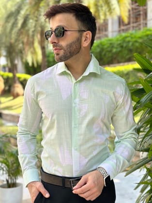 Light Green Printed Cotton Shirt - M