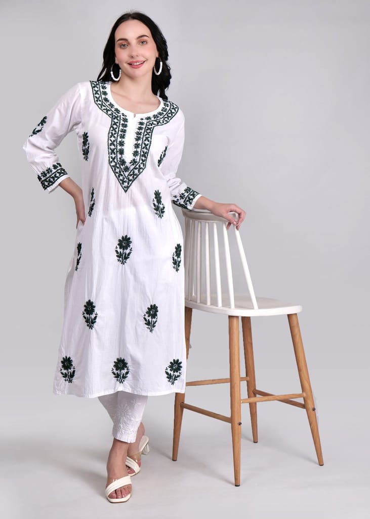Chikankari in Mul cotton Kurta for Women - White with Green