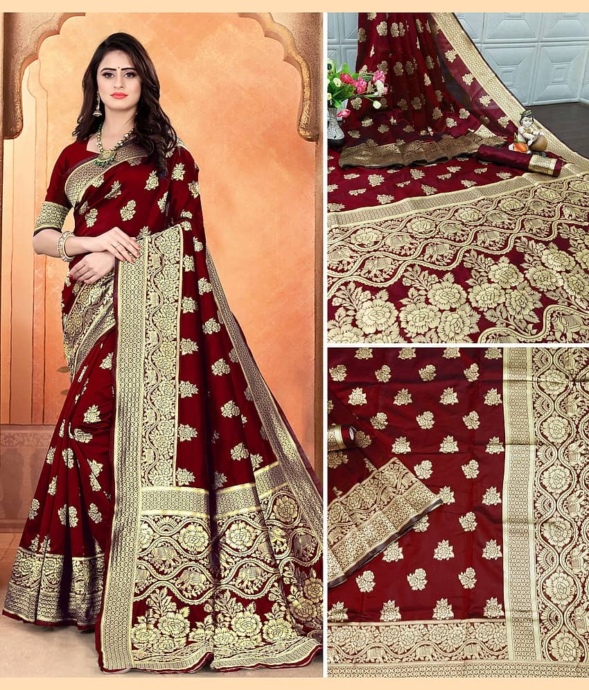Vastukala Silk Woven Saree With Unstitched Blouse Piece ( Maroon )
