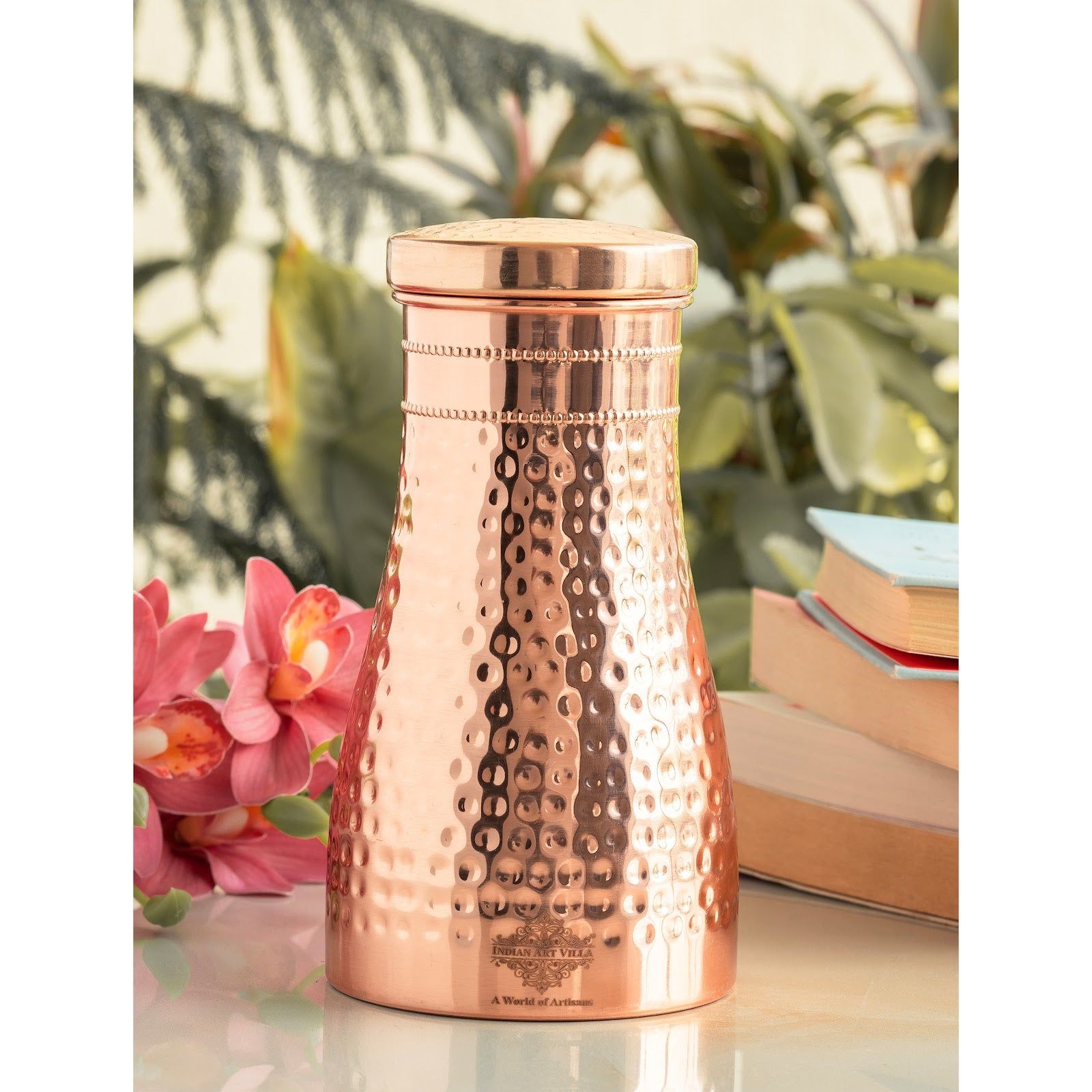 Pure Copper Bedroom Water Bottle with Inbuilt Glass-Shine / 950ml