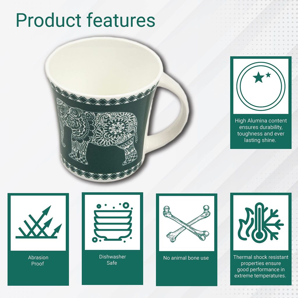 Femora Turquoise Majestic Elephant Design Tea Cups, Ceramic Tea Cups, Coffee Mugs (160 ml) - 6 Pcs Set (Green)