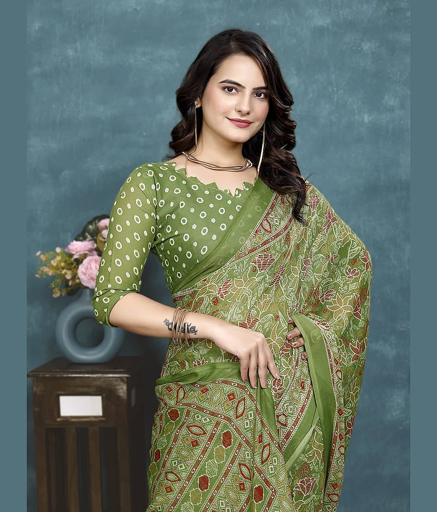 Kanooda Prints Georgette Printed Saree With Unstitched Blouse Piece ( Light Green )