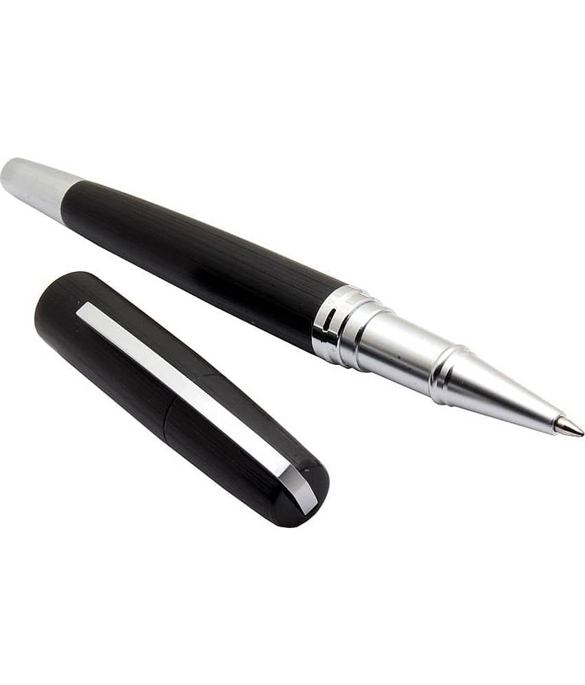 Srpc Epic Charcoal Matte Black Metal Body Roller Ball Pen With Chrome Trims Blue Refill