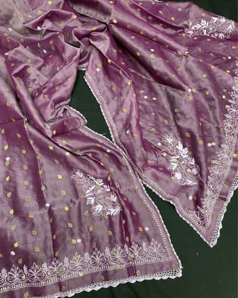 Royal Pure Tussar Silk Dupatta Purple Chikankari & Crochet