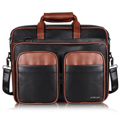 LOREM Tan & Black Color Faux Leather 28L Laptop Messenger Bag For Men BG96