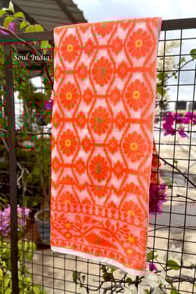 Jamdani Saree with all over Floral work- Off White & Orange