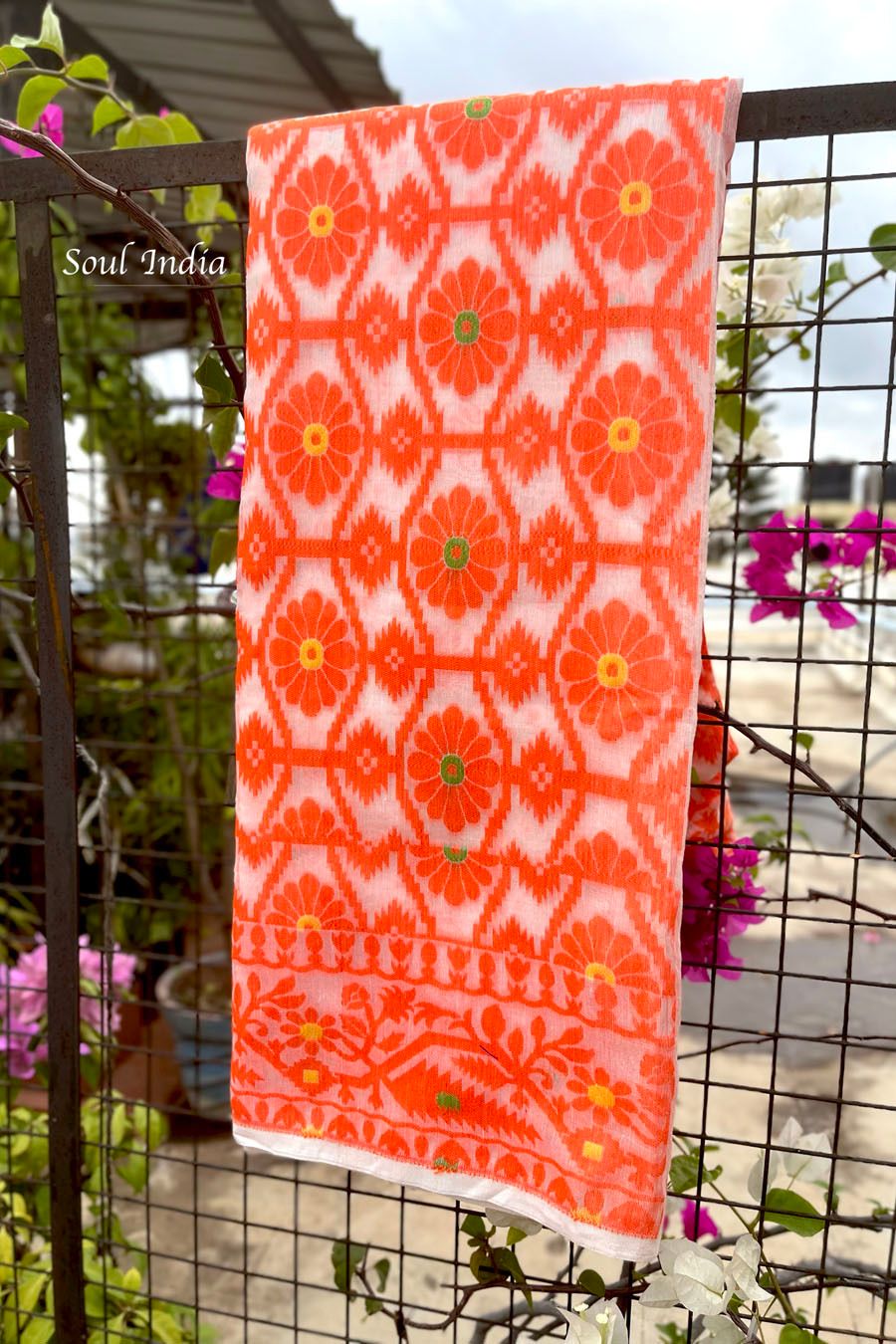 Jamdani Saree with all over Floral work- Off White & Orange