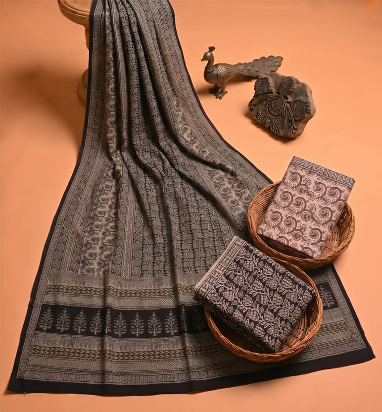 Handcrafted Bagh Print Cotton 3 Piece Suit Set