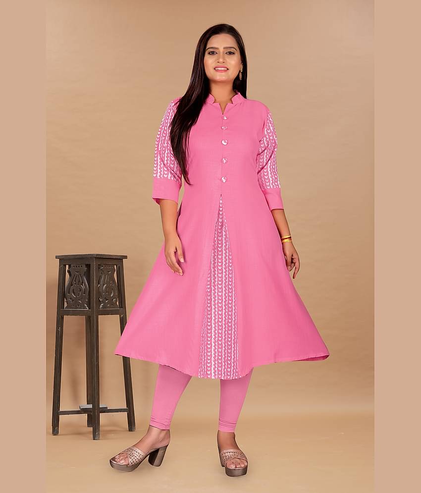 RIAANA Women Cotton Blend Printed Front Slit Kurti ( Pink )