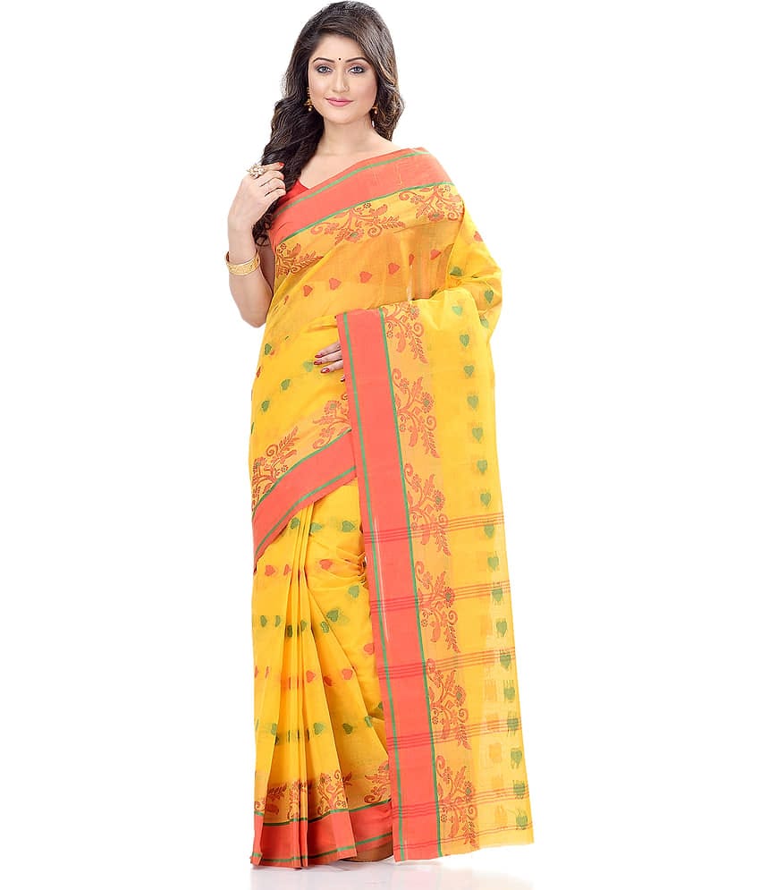 Desh Bidesh Cotton Self Design Saree Without Blouse Piece ( Yellow )