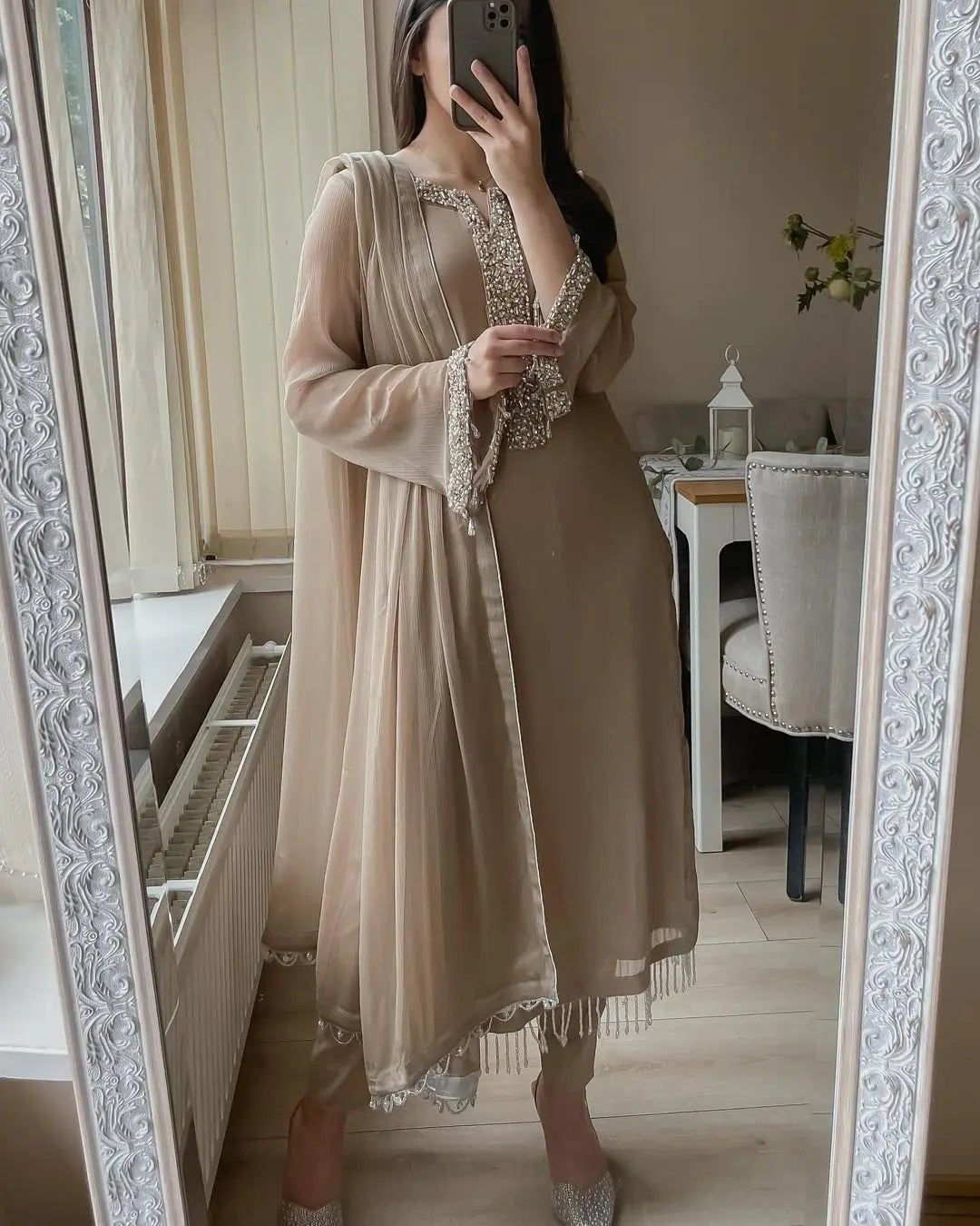 Faux Georgette Real Moti Work Kurti Pant Dupatta Set (Stitched)-Pastel Brown / M(38)