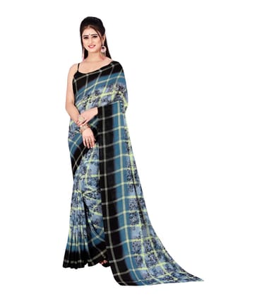 Women's Poly Georgette Printed Saree without Blouse (Light Blue, Black)