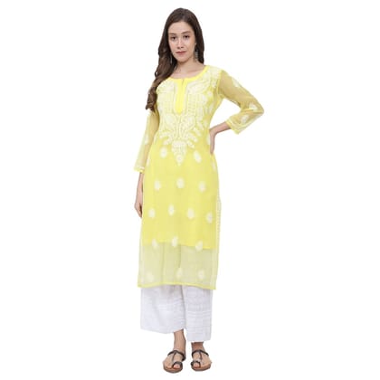 MRS RIGHT CHIKANKARI EMBROIDERED YELLOW KURTI WITH WHITE PALAZZO SET FOR WOMEN AND GIRLS