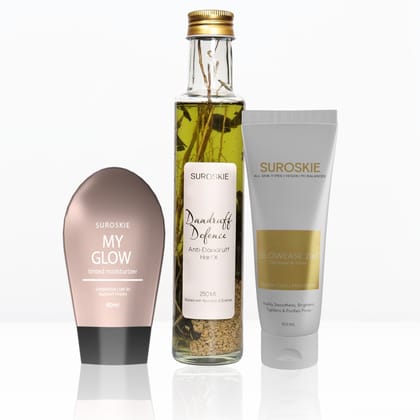 Glow Combo (Glow Ease & My Glow & Dandruff Defence Hair Oil With Rosemary & Olive Oil Extract For Scalp)-Light