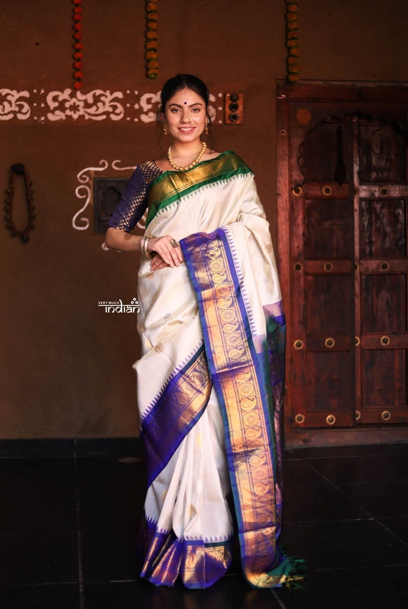 Utsaav ~ Gadwal Pure Silk Traditional Handloom Saree - Off White with Blue and Green Dual Border,  Authentic Pure Silk