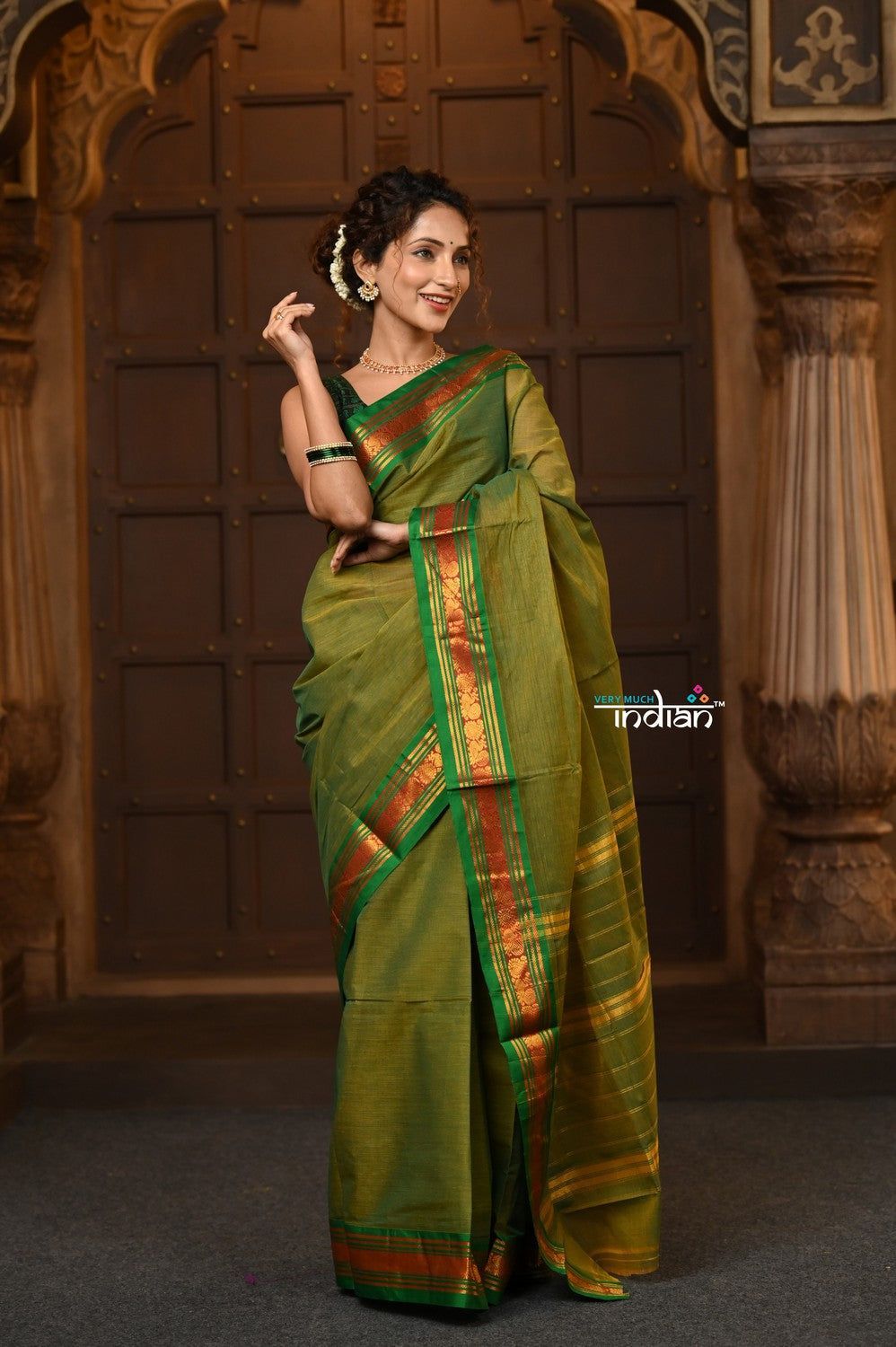 Parampara ~ Pure Cotton Saree in Regal Leaf Green with Zari Border & Pallu