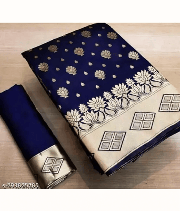 NENCY FASHIONS Kanjivaram Silk Woven Saree With Unstitched Blouse Piece ( Navy Blue )