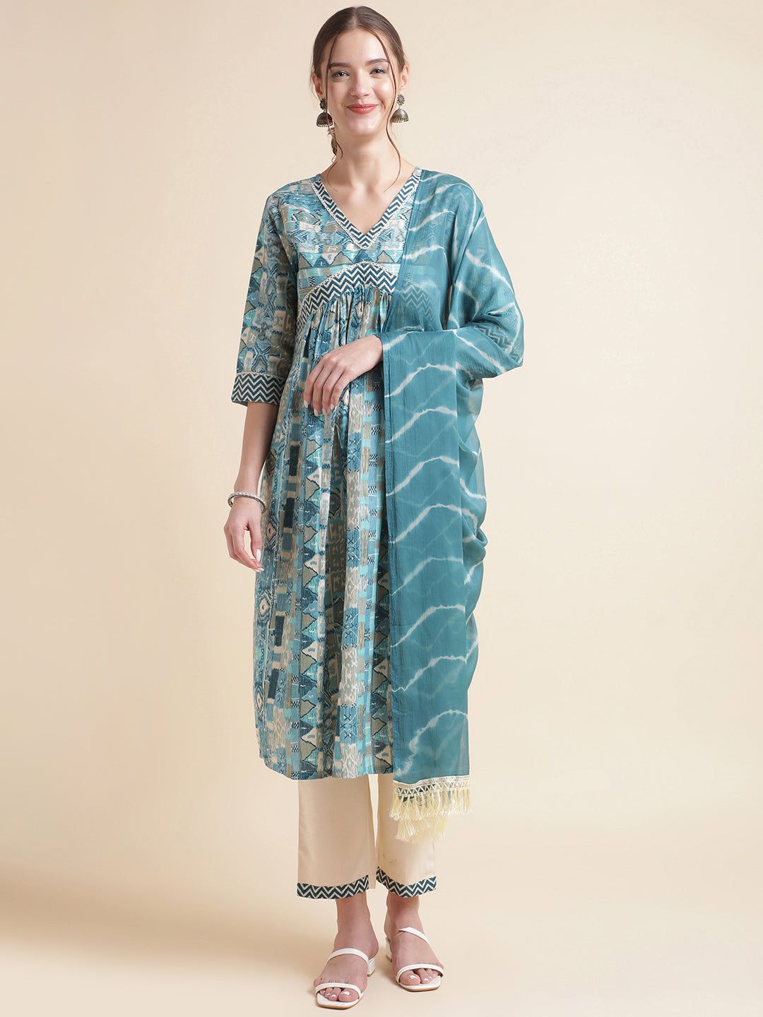 Sky Blue Printed Cotton Blend V-Neck Kurta Set-S