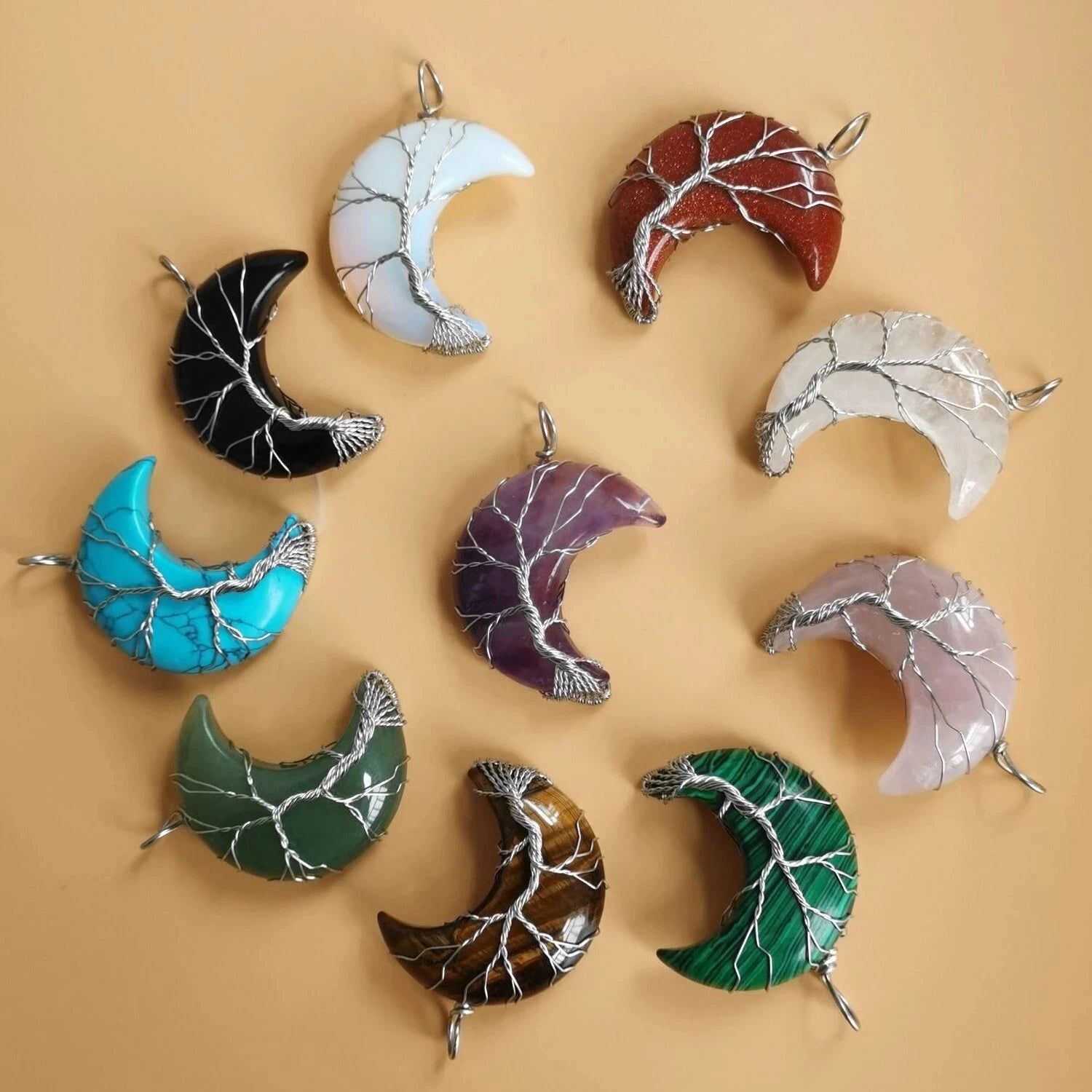 Tree of Life Crescent Moon Necklace Copper Wire Wrap Natural Stone Pendant Crystals and Healing Stones Necklace