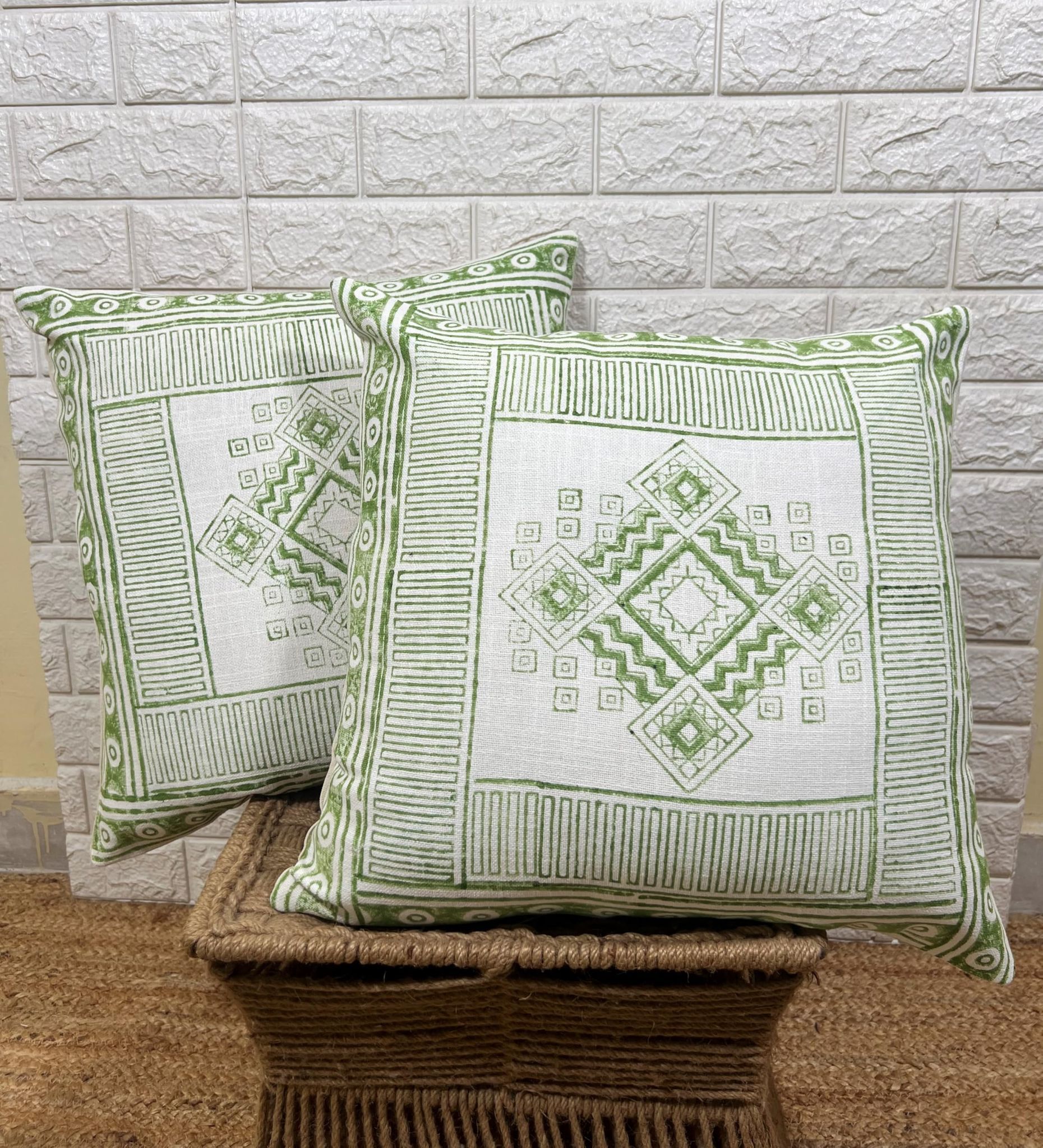 Indihomecraft Hand Block Print Boho Decor Off White Cushion Covers for Sofa Chair Or Outdoor Living Room Cushions Cover, Set of 2