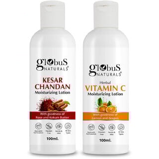 Globus Naturals Body Lotion Combo Set of 2 Kesar Chandan  Vitamin C Body Lotion For NonGreasy Lightweight Body Moisturizer for Women  Men  All Skin Types