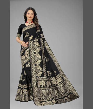 NENCY FASHION Banarasi Silk Self Design Saree With Unstitched Blouse Piece ( Black )