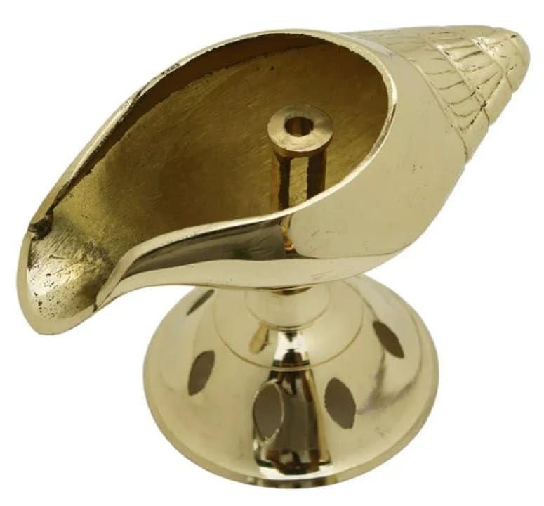 Gold Brass Shankh Conch Shell Akhand Deep Oil Lamp, Traditional Golden Finish Pooja Diya For Home Temple, Mandir