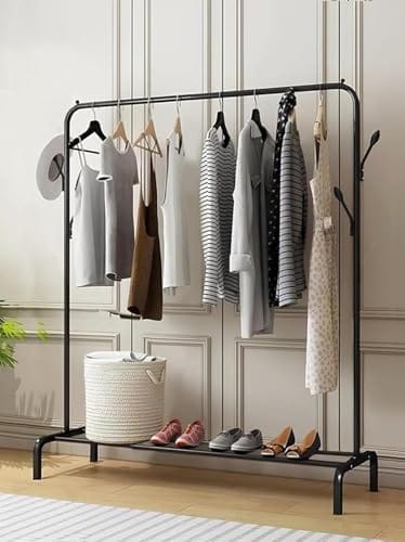 Freestanding Metal Cloth Stand with Bottom Storage Shelf & Coat Hanger