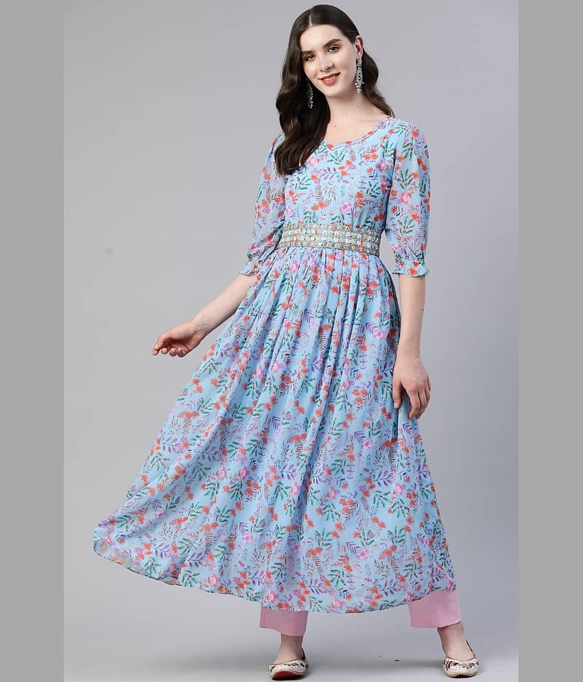Gulmehak Pack of 1 Georgette Printed Anarkali Women's Kurti - ( Blue )