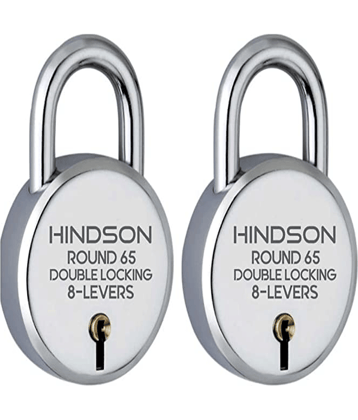 HINDSON Lock Round 65mm with 3 Key, Steel Double Locking, 8 Lever Padlock for Door, Gate, Shutter, Home ( Silver Finish, Pack of 2 )