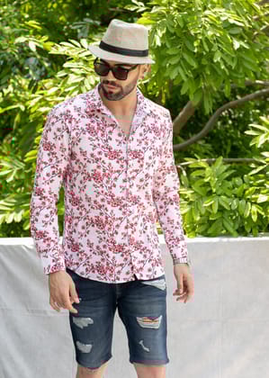 Linen Cotton Blend,Digital Print,Plain, Full Sleeves,Semi Slim Fit,White and Red And Pink And Black Floral, Men,Shirt-38