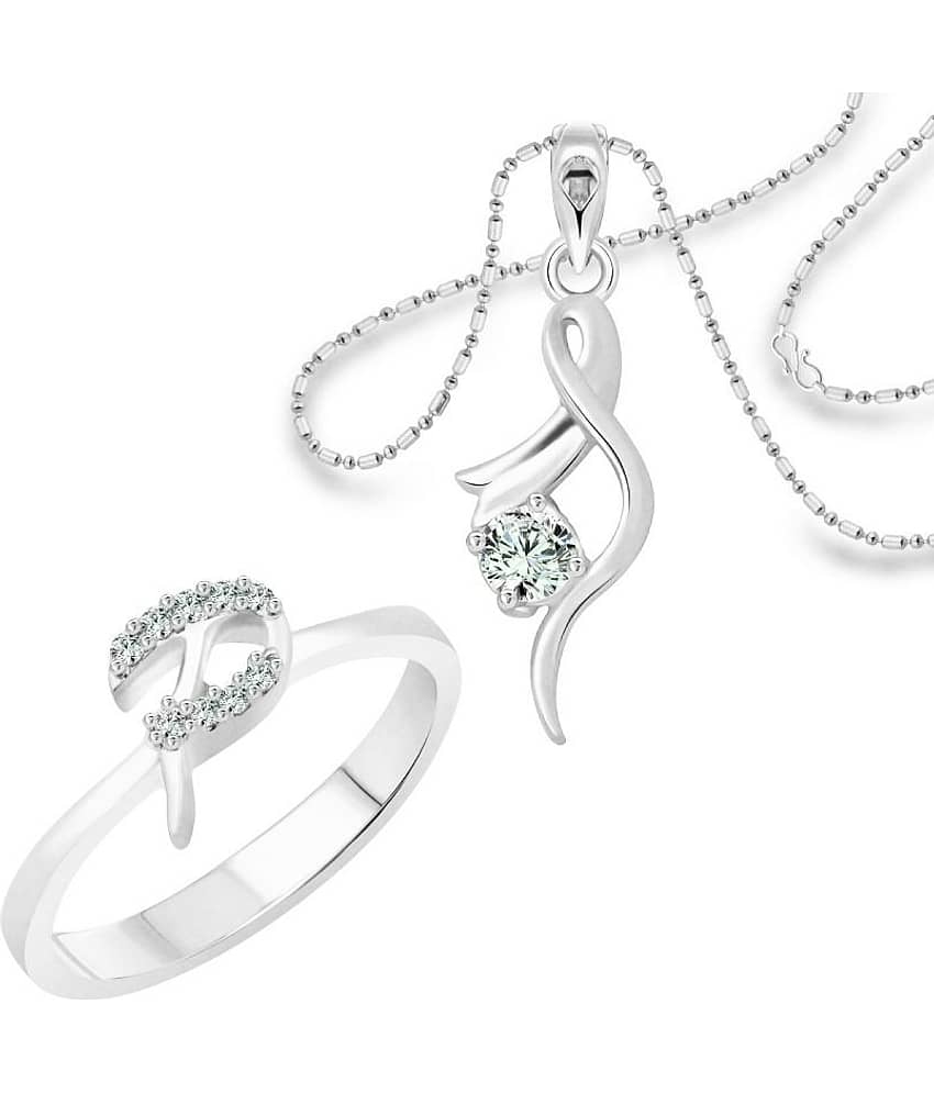 Vighnaharta "P" Alphabet Ring with Solitaire Pendant (1185FRR-1214PR) CZ Gold and Rhodium Plated Alloy Combo set for Women and Girls